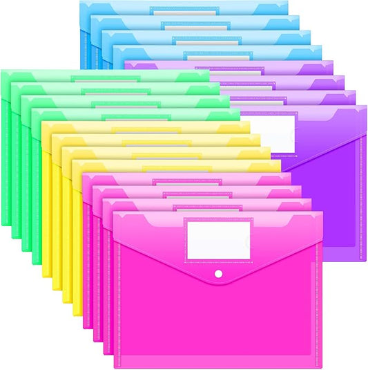 Sooez 20 Pack Folders Plastic Envelopes, Clear Plastic File Folder for Document, Letter A4 Size Poly File Envelopes with Label Pocket, Snap Button for Home Work Office Organizer, 5 Colors