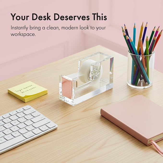 OfficeGoods Acrylic Tape Dispenser, Aesthetic and Compact Design, Rose Gold | Modern desk accessory for office, Heavy duty refillable tape holder for crafting, Stylish desktop accessory for gift wrapping