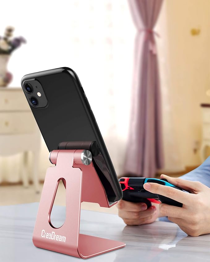 CreaDream Aluminum Cell Phone Stand, Adjustable Phone Holder for Desk | Adjustable Viewing Angle, Desktop Stand, Stable Base, Fits iPhone 17 16 15 14 13 Pro Max Desk Accessories Rose Gold