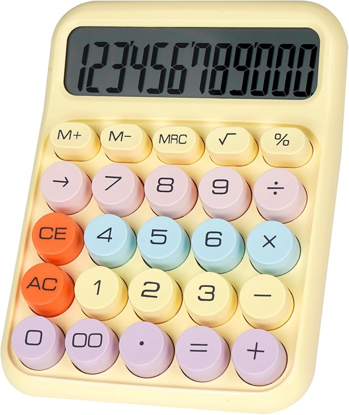 Mechanical Switch Calculator with Big Buttons, Calculators Desktop, 12 Digits, Large LCD Display, Desk Calculator, Cute Pink Calculators for Teachers Students Basic Office (Yellow)