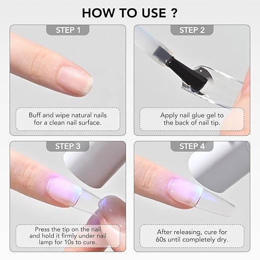 GAOY 4 Pcs 16ml Gel Nail Glue for Acrylic Nails Tips, 2 in 1 Nail Glue and Base Coat, UV Light Cure