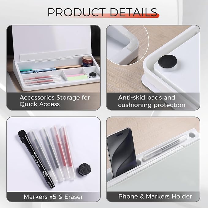 TOWON Compact Glass Desktop Whiteboard with Storage 12x7 in, White | Dry erase writing surface, 5 markers, eraser and holder included, for the office, home or school desk