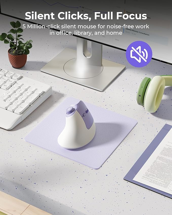 seenda Ergonomic Mouse Wireless, MOU-302 Bluetooth Vertical Mouse Rechargeable, Optical Mice with 1000/1600/2400 DPI, Volume Knob, 3 Multi-Device Connectivity for Computer/PC/Laptop/Mac, White Purple
