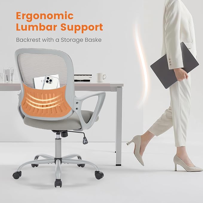 Sweetcrispy Executive Home Office Chair, Mesh Office Chair, Grey | Ergonomic Executive, Adjustable Height, 360° Swivel Wheels, Mid-Back, Comfy Arms, Bedroom, Study, Student