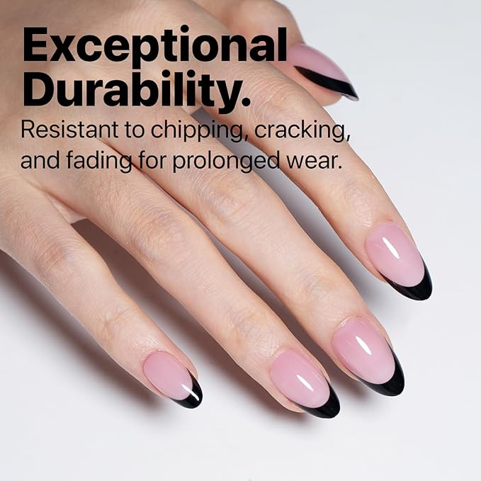 SXC Cosmetics French Tip Press On Nails 150 Pieces in 15 Sizes Ultra Fit with Pre-applied Tip Primer and Base Coat, No Need to File Fake Nails for Nail Art DIY X-Pro Tips (BLACK114-S Almond)