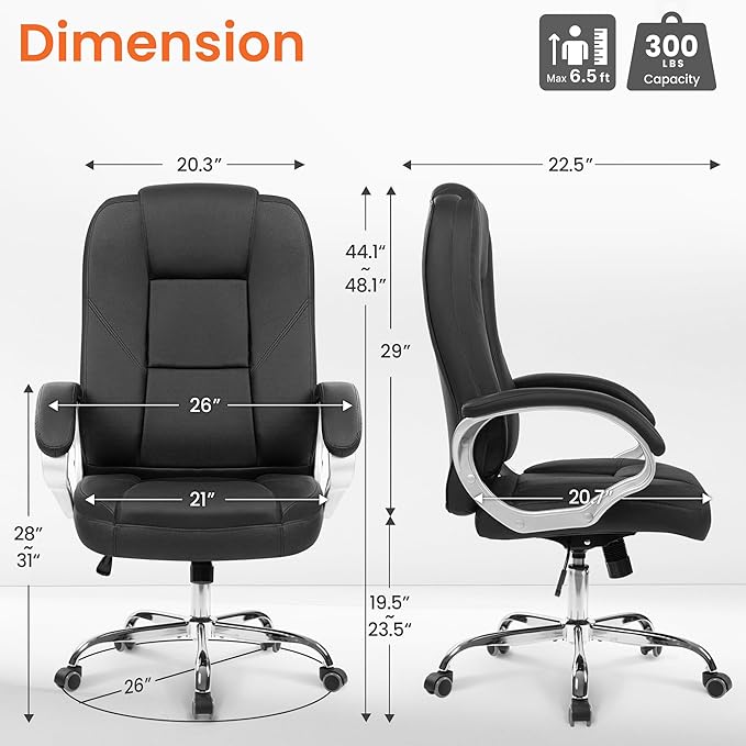 NEO CHAIR Office Desk Chair PU Leather Chair with Lumbar Support, Jet Black | Ergonomic High Back Executive Computer Chair, Comfortable Padded Fixed Armrests Swivel Chair with Wheels for Office/Home