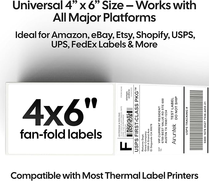 4x6 Thermal Labels, 500 Fanfold Labels, Perforated & Strong Adhesive, Compatible with Direct Thermal Printers for USPS UPS FedEx DHL Address Shipping Label