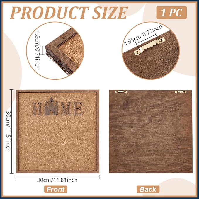 BENECREAT Square Home Word Pin Board Cork Board, 11.8x11.8inch Bulletin Display Board Wall Mounted Cork Board with Saddle Brown Frame for Brooch Pin Storage Display, Office Home Decor
