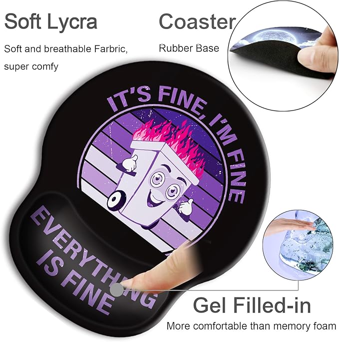 Ergonomic Mouse Pad with Wrist Support Rest,Large Mousepad Gel Wrist Rest, with Coaster Non-Slip & Pain Relief for Computer, Desk, Home&Office-Purple Dumpster Fire