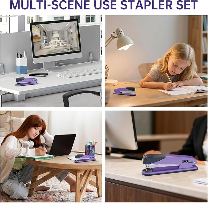 Metal Stapler Heavy Duty for Desk - 50 Sheet Capacity with 2000 Pieces 1/4", 5/16" Staples and Staple Remover, No Jam, Non-Slip, Stapler Heavy Duty for Classroom and Office, Purple