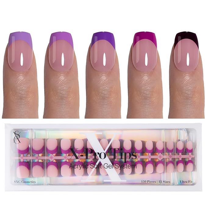 SXC Cosmetics French Tip Press On Nails 150 Pieces in 15 Sizes Ultra Fit with Pre-applied Tip Primer and Base Coat, No Need to File Fake Nails for Nail Art DIY X-Pro Tips (5PURPLE113-XS Square)