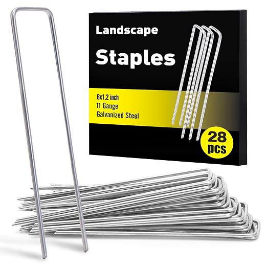 HongWay 28 Pack Landscape Staples 6 Inch, Galvanized Garden Stakes 11 Gauge | Heavy Duty Sod Pins Tent Stakes Garden Staples for Ground Cover, Landscaping Fabric, Yard, Lawn, Turf, Irrigation Hose