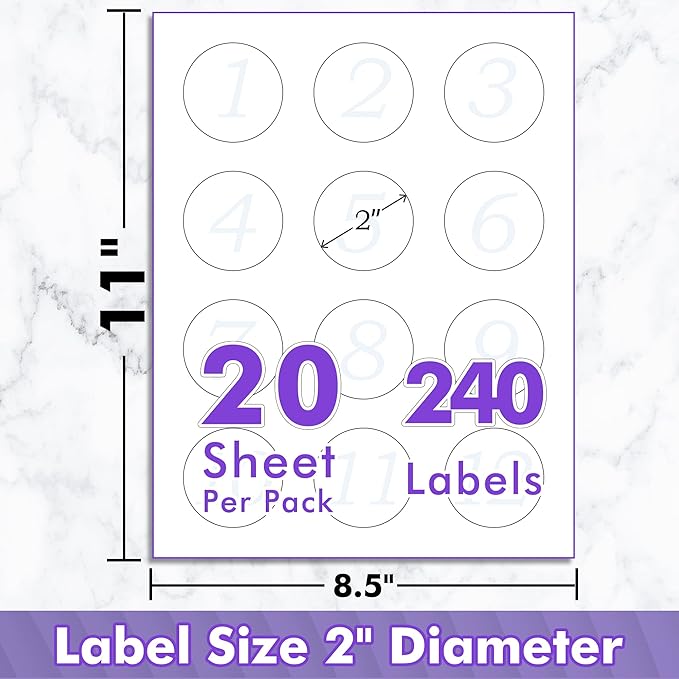Koala Round Labels 2 Inch, Glossy Waterproof Printable Circle Stickers for Inkjet and Laser Printer, 240 Circle Labels for Brand Logo, Bottle, Jar