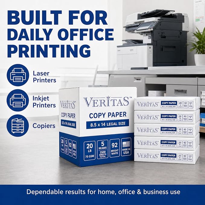 Veritas Copy Paper 8.5 x 14 Legal Size, 5 Reams, 2500 Sheets Total, 20 lb / 75 GSM, 92 Bright White Multipurpose Printer Paper for Office, Business, Legal Documents, Laser & Inkjet, Made in USA