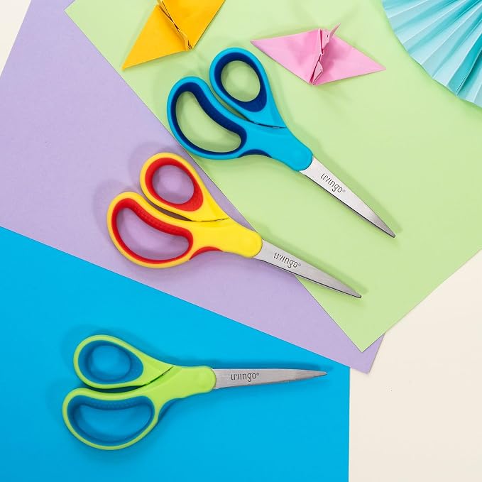 LIVINGO 7" Kids Scissors for School Pointed Tip 3 Pack | Durable Stainless Steel Edge, Soft Handle Design, Teacher Classroom Supplies, Art Craft Activities, Assorted Color