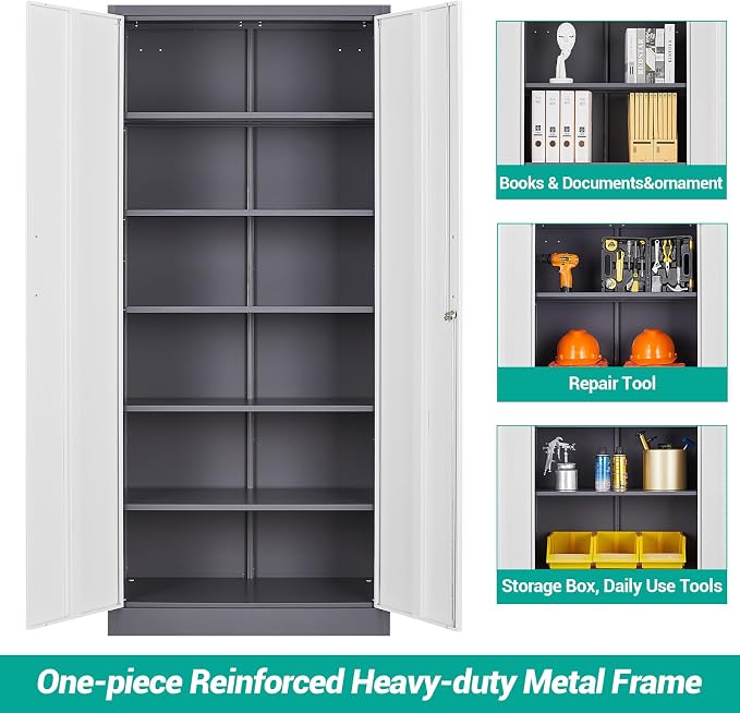 Wide & Deep Metal Storage Cabinet with 2 Doors and 5 Adjustable Shelves,72 inch Tall Locking Garage Storage Cabinet with Lock,Gray White Pantry Cabinets,Steel Cabinets for Home,Office,Garage 72x36x18