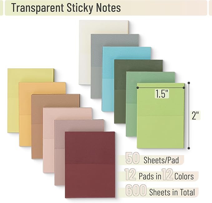 Mr. Pen- Transparent Sticky Notes, 1.5x2, 600 Sheets, Vintage Colors, See Through Sticky Notes Clear, Translucent Sticky Notes, Stocky Notes for Bible Journaling