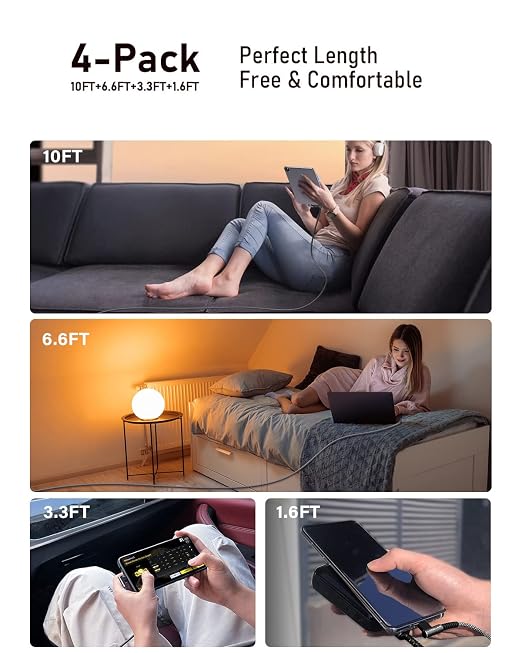 3.2A USB Type C Charger Cable [4-Pack, 90° &Gold-Plated] Fast Charge | 10+6.6+3.3+1.6FT, Right Angle Type C Charger Durable Braided Cord for iPhone 17 16 15 Samsung S10 Note 10 S21 LG -Black