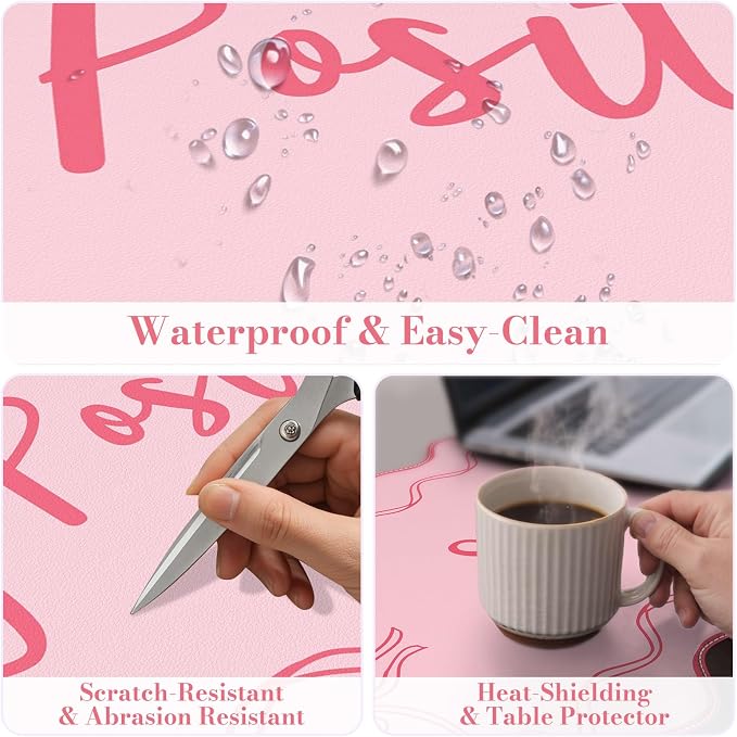 iCasso Pink Mouse Pad, Scalloped Desk Cover Mat, Leather Waterproof Desk Pad Mat for Desktop Protector, Non-Slip XXL Big Mousepad for Computer Keyboard Office Dorm Desk -Stay Positive