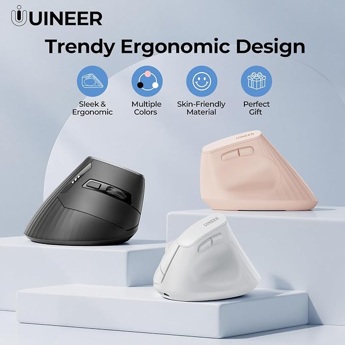 Uineer Ergonomic Vertical Mouse, 2.4G Wireless Mouse, Rechargeable, 4-DPI | Right-handed vertical design with 2.4G USB-A connection, rechargeable battery and visible battery level.