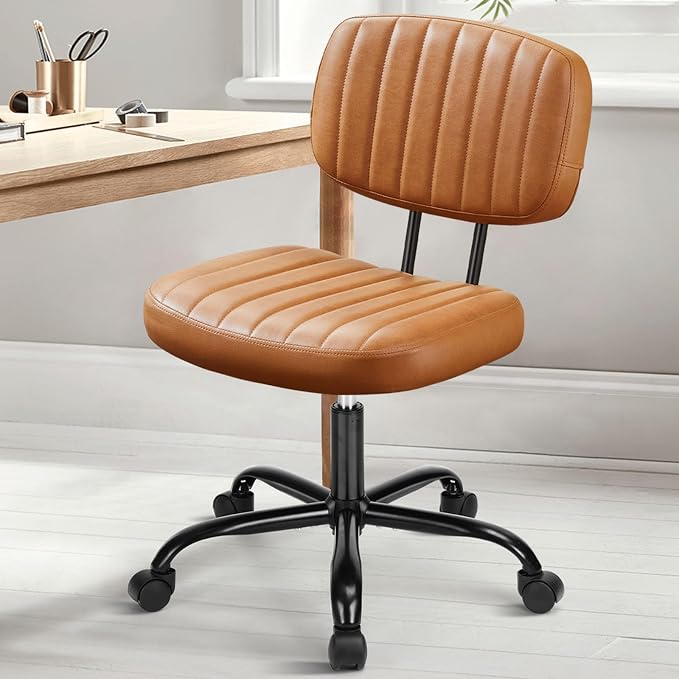 DUMOS Small Desk Chair, Home Office Chair, Lumbar Support | PU Leather, Low Back, 360 Swivel Wheels, Height Adjustable, Armless Computer Task, Brown