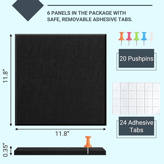 AKTOP Black Cork Bulletin Board 24"x36", 6 Pack Removable Felt Cork Board Tiles for Wall, Large 2 x 3 Bulletin Board Notice Pin Board for Office, School & Home, 24 Safe Adhesive Tabs, 20 Pushpins