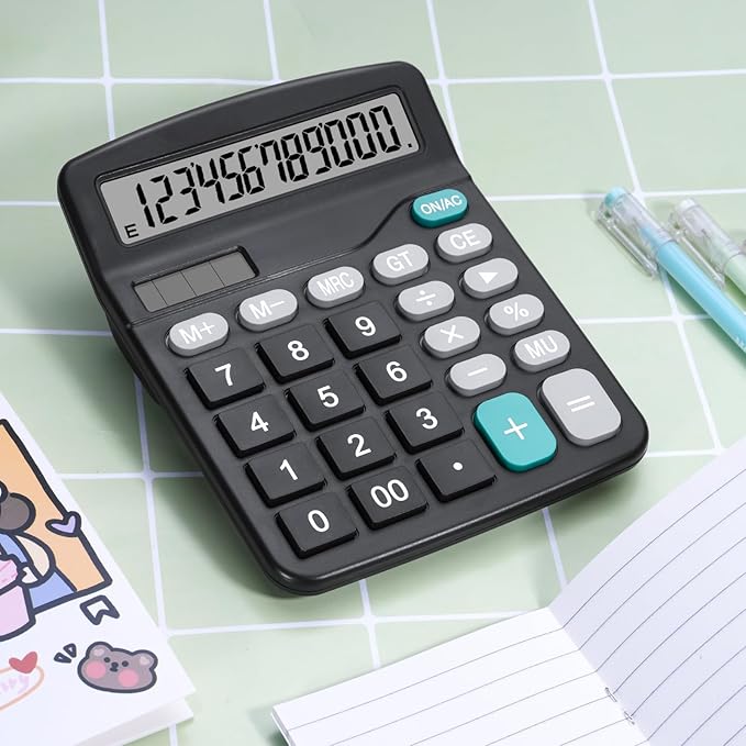 Desktop Calculator with Big Buttons, Dual Power Source, Solar and Battery, Large Display Screen - Perfect for Office, Teachers, and Students (Black)