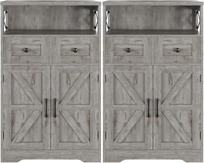 Farmhouse Storage Cabinet Set of 2, Small Kitchen Pantry Coffee Bar Cabinet | Accent Buffet Cabinet Cupboard, 2 Drawers, Barn Doors & Adjustable Shelves, for Kitchen/Entryway/Bathroom, Washed Gray