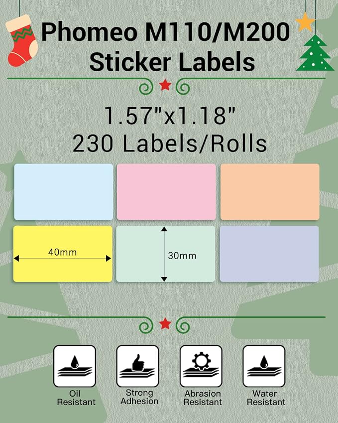Phomemo Color Labels 6 Rolls,1.57"x1.18", Use for M110/M100/M220, 1380 PCS | 40×30mm Square Thermal Stickers Labels for Kids & School, Barcode, Logo, Business, Home,Organization, Peptide Vial,6 Color