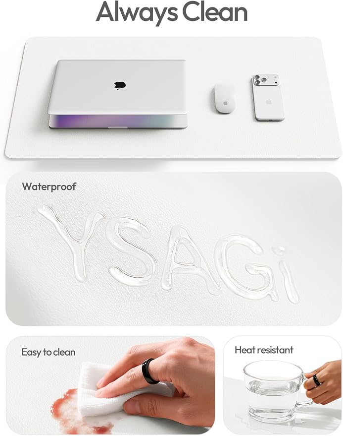 YSAGi Leather Desk Protector, Office Mat, Large Mouse Mat, Non-Slip PU Leather Blotter, Laptop Desk Mat, Waterproof Writing Pad for Office and Home(White, 40" x 24")