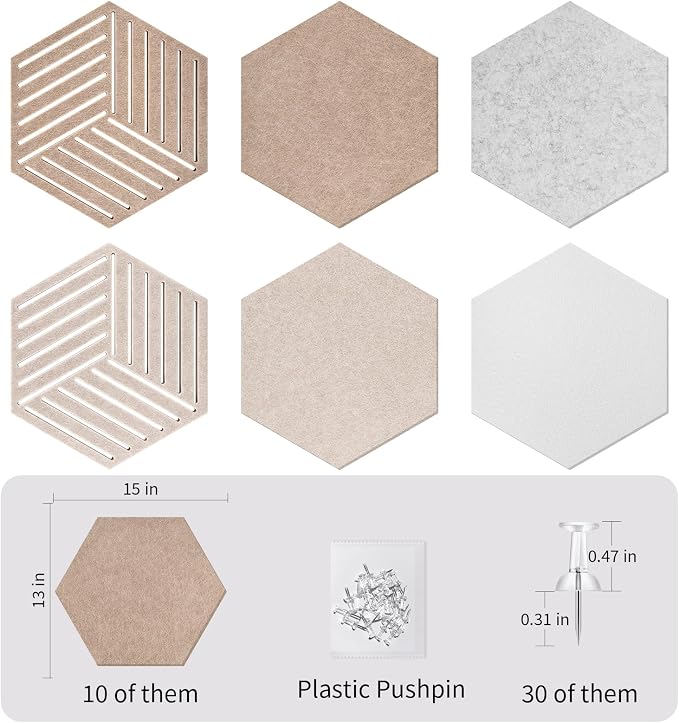 Large Felt Bulletin Cork Board Tiles for Office 15 x 13 inch, 10Pcs | Fully Self Adhesive Backing, 1300 g/m² High-Density Felt Hex Corkboards for Wall, Frameless, Peel & Stick, Modern, Decorative