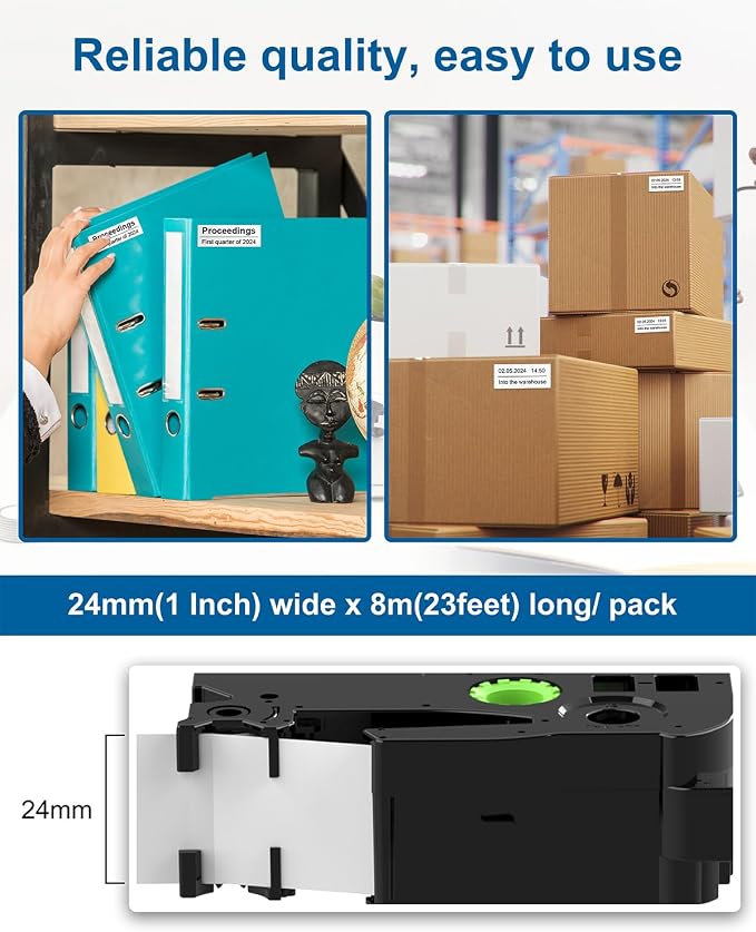 24mm Label Tape for PT-D610BT PT-D600 PT-P710BT PT-2430 TZE-S251 24mm 0.94" | Laminated White Replacement for Brother P-Touch Extra-Strength Tape 1" TZe TZ Strong Adhesive Label Maker Refills, 6 Pack