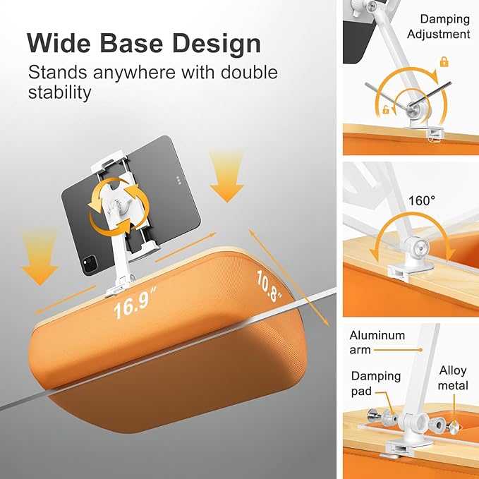 Tablet Pillow Stand for Lap Use with Snack Bowl and 360° Rotating Arm, Adjustable iPad Holder for Bed, Couch, and Recliner, Compatible with 4.7"-13" Kindle, iPad, Tablet, Phone,Orange