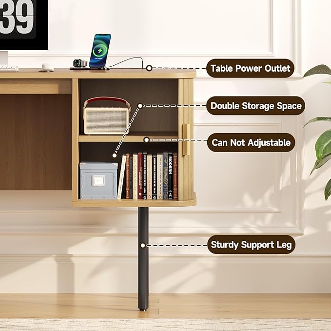 ONBRILL 63 Inch Fluted Computer Desk with Charging Station, Mid Century Executive Desk with 2 Storage Cabinets, Modern Home Office Large Desk with Metal Legs for Working, Studying, Writing, Oak