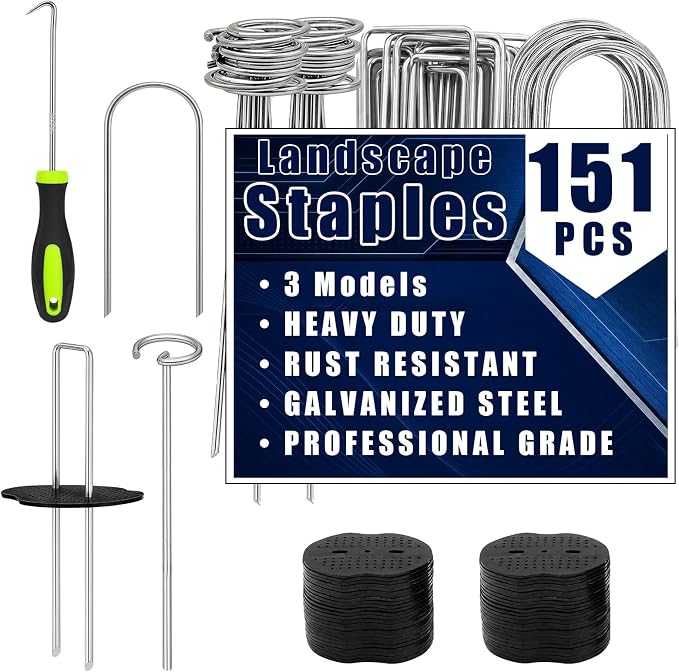 151 Pcs Landscape Fabric Stakes,3 Types Galvanized Ground Staples | U/G Shaped Garden Stakes,4/6 In Gauge Garden Stakes Heavy Duty for Plant Cover, Turf, Fence, Grass Decoration, Netting
