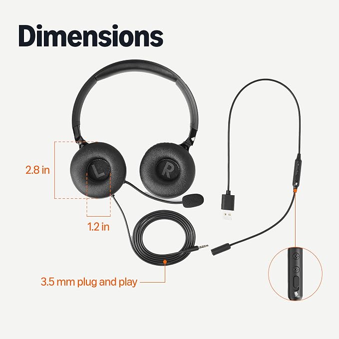 Amazon Basics On Ear Wired Computer Headset with Adjustable Microphone, 3.5mm Port or in-Line Control with USB-A Port, Foldable, Clear Sound, Small/Medium Size, Black (Pack of 2)