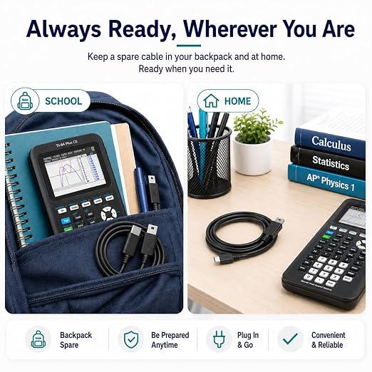 TI-84 Plus CE Charger Cable, USB-C to Mini USB Charge & Sync | Reliable USB-A to Mini USB Charge & Sync cable for TI-84 Plus CE calculators.