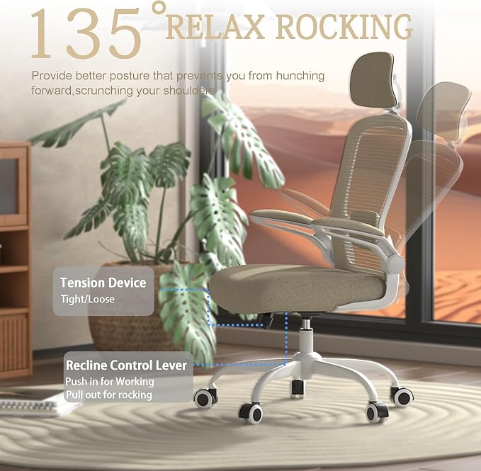 Mimoglad Office Chair, High Back Ergonomic Desk Chair with Adjustable Lumbar Support and Headrest, Swivel Task Chair with flip-up Armrests for Guitar Playing, 5 Years Warranty