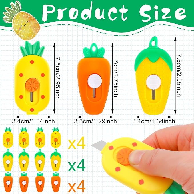 12 Pcs Cute Mini Box Cutter Bulk Pineapple Carrot Corn Retractable Kawaii Box Cutters Portable Utility Knives Back to School Gifts Carton Letter Paper Package Opener for Office School Stationery