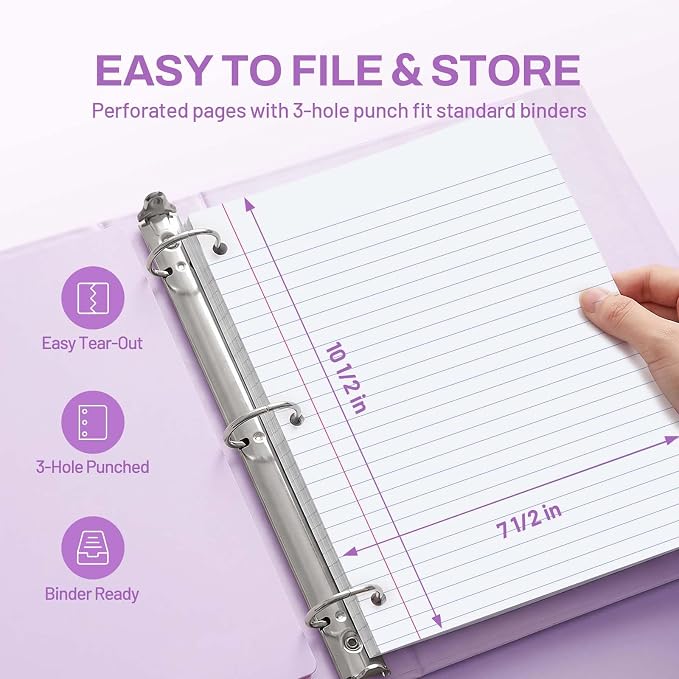 SUNEE Spiral Notebook, 1-Subject, Wide Ruled Paper, 8" x 10-1/2", 100 Sheets per Notebook, 3-Hole Punched Paper, Water Resistant Cover, Double-sided Pockets, Spiral Lined Notebooks for School, Purple
