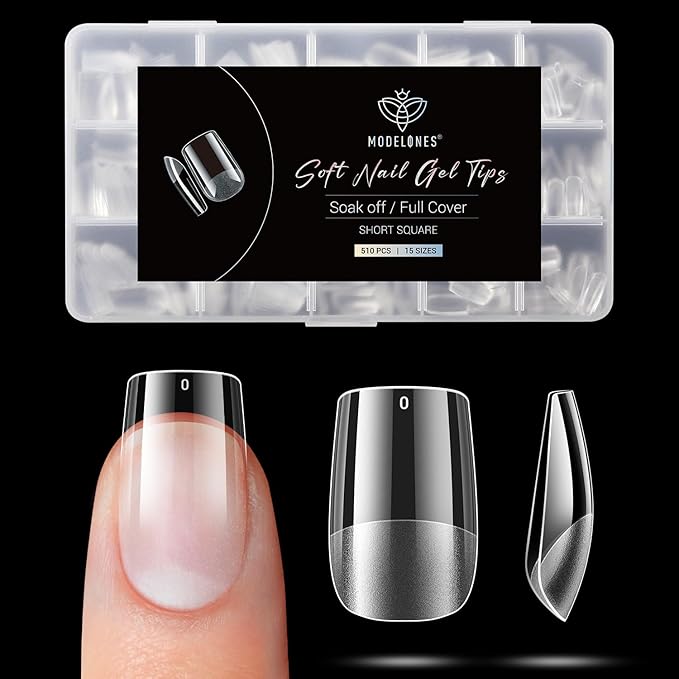 Modelones Short Square Fake Nail Tips - 510Pcs Gel Tips Pre-shaped Half Matte Full Cover Clear Acrylic Gel Kit False Press on Nails for Extension DIY Salon 15Sizes