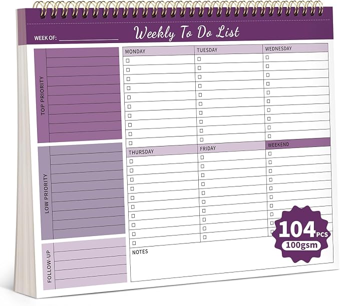 104 Pgs Weekly To Do List Notepad 52 Duplex-Printed Undated Sheets 100 GSM | （8.5"×11") Weekly Desk Planner For Work Home School Office Desk Accessories Supplies & Goal Setting Tasks - Purple