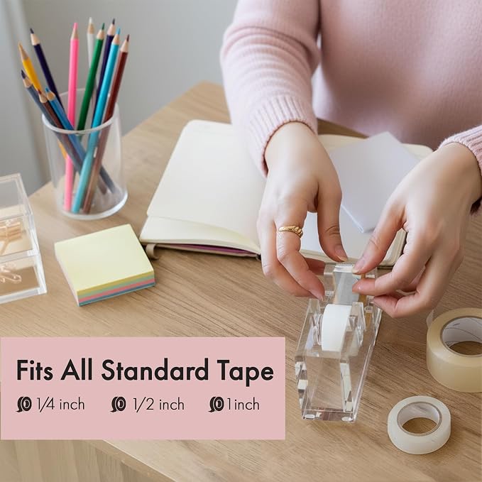OfficeGoods Acrylic Tape Dispenser, Aesthetic and Compact Design, Silver | Modern desk accessory for office, Heavy duty refillable tape holder for crafting, Stylish desktop accessory for gift wrapping