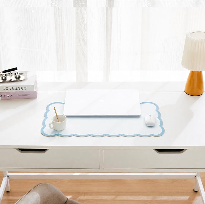 Scalloped Desk Mat, 23.6" x 11.8" Cute Small Aesthetic Desk Accessories, PU Leather Computer Laptop Desk Mouse Keyboard Pad, Desk Writing Mat for Vanity/Work/Home Decor, Blue