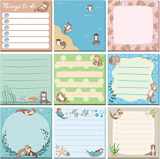 9 Pads Otter Sticky Notes, 3x3 Inch Cute Stick Notepads | Adhesive Memo Notes Pad, Coworker Gifts, Office Supplies Decor, Desk Accessories for Students, Teacher, Meeting