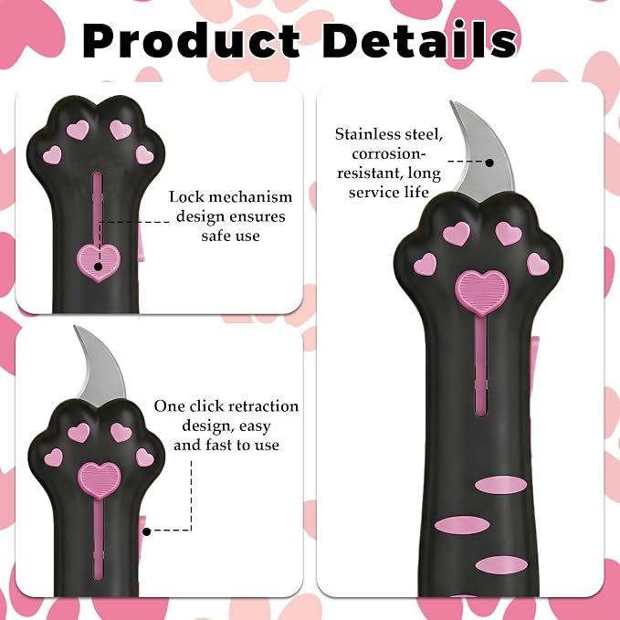 2 PCS Cat Paw Retractable Box Cutter — Cute Kawaii Utility Knife | Portable Cat Claw Knife with Handle,Multifunctional Mini Utility Knife for Boxes Envelopes,Packages,Lock+One-Click Retract
