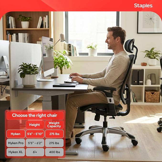 Staples Hyken Ergonomic Mesh Task Chair, Lumbar Support, Swivel, Black | Designed for everyday desk work in home or professional office settings.