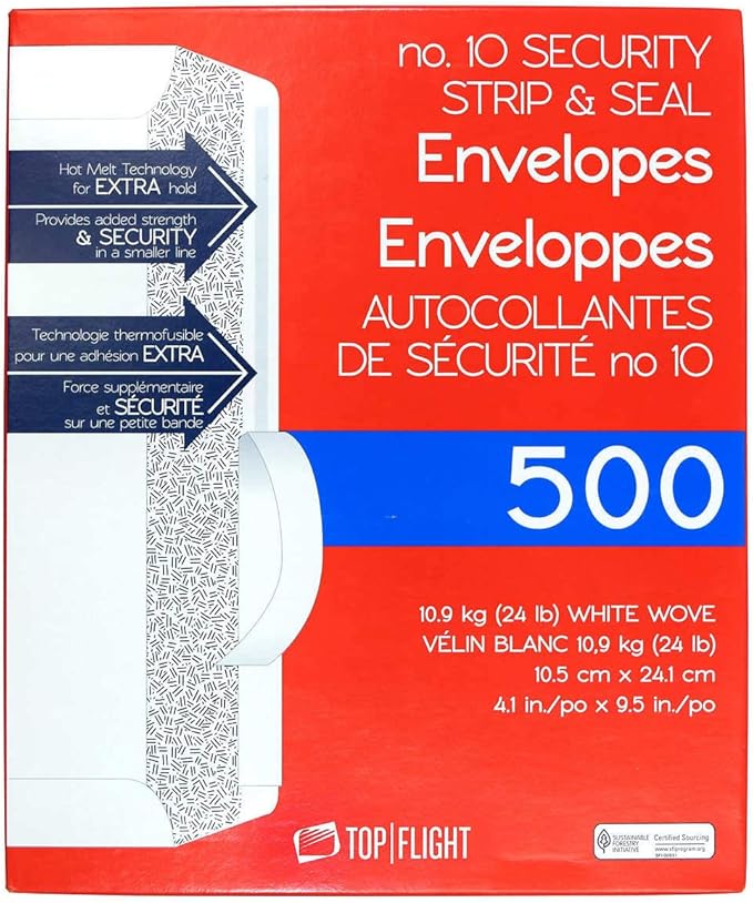Top Flight PSTF10NWT #10 Envelopes,Strip & Seal,Security Tinted,White Paper,24 lb,500 Count (Pack of 2)