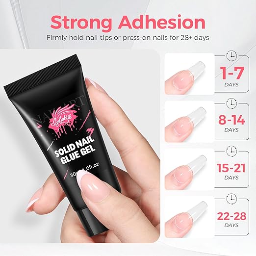 Solid Glue Gel for False Nail Tips, 30ml Gel Glue for Fake Nails Press On Nails, Nail Lamp Curing Needed, 30+Days Long Lasting