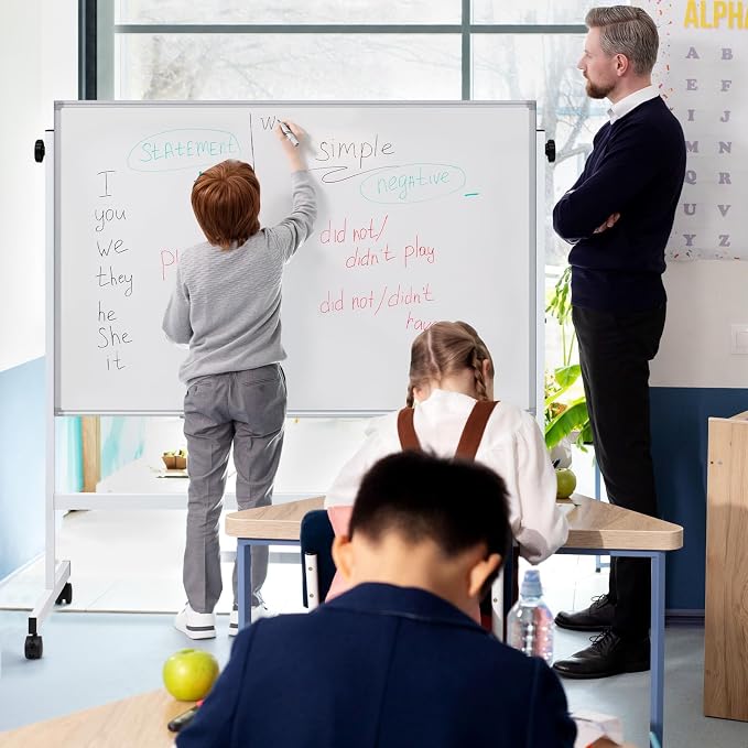 DUMOS Rolling Whiteboard Double Sided 46 x 32 Inches, Magnetic White Board Dry Erase on Wheels, Dry Erase Board with Stand for School, Office and Home, Silver Aluminium Frame, White